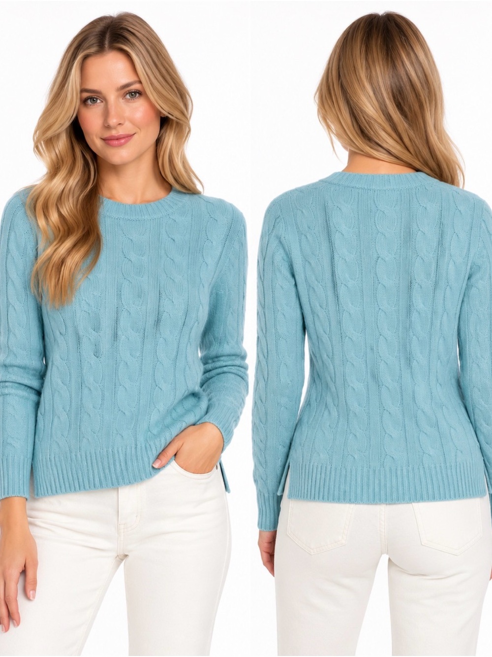 Joie 100% Cashmere Cable Knit Sweater Aqua Blue Size L NWT